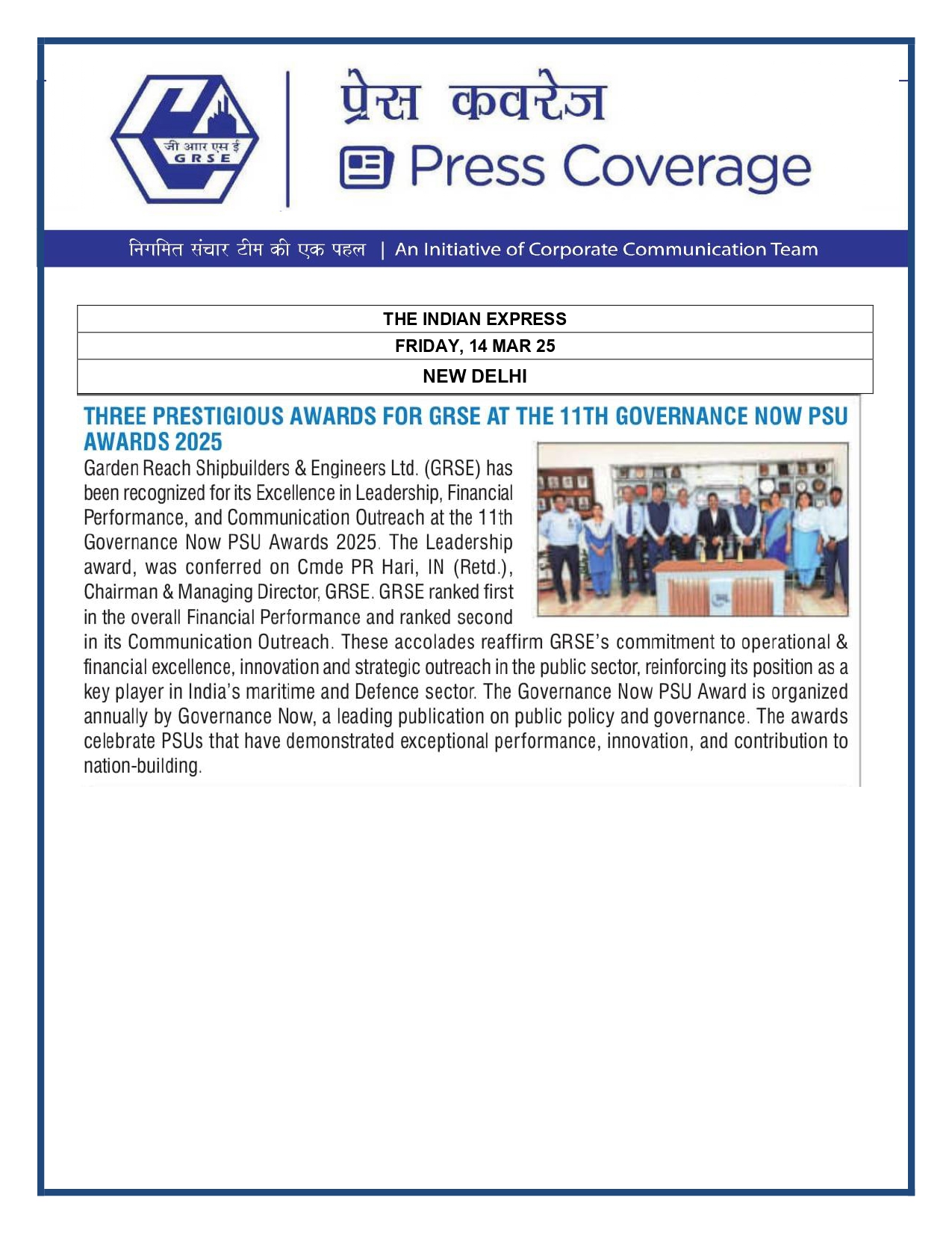 Press Coverage :3 Awards for GRSE at 11th Governance Now PSU Awards 2025